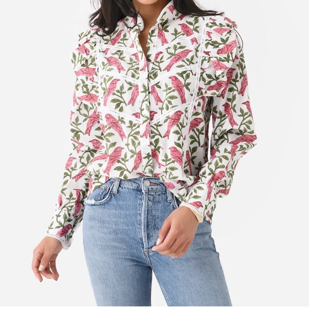 Pink and White Floral Notched Collar Shirt